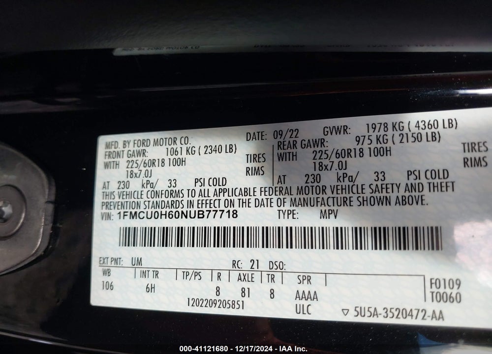 2022 FORD ESCAPE SEL VIN: 1FMCU0H60NUB77718
