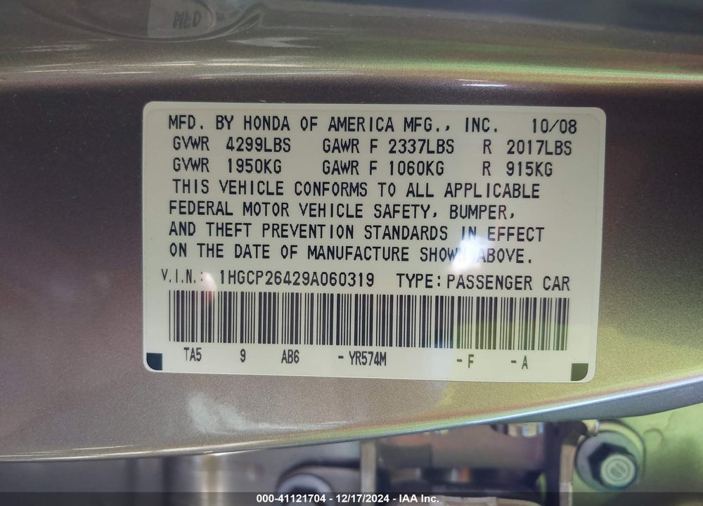 2009 HONDA ACCORD 2.4 LX-P VIN: 1HGCP26429A060319