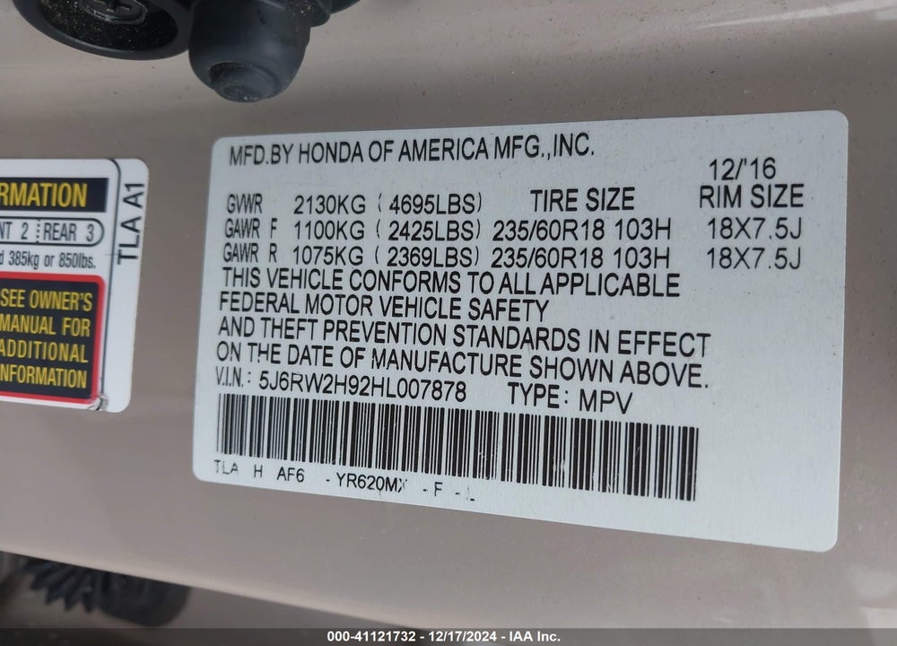 2017 HONDA CR-V TOURING VIN: 5J6RW2H92HL007878