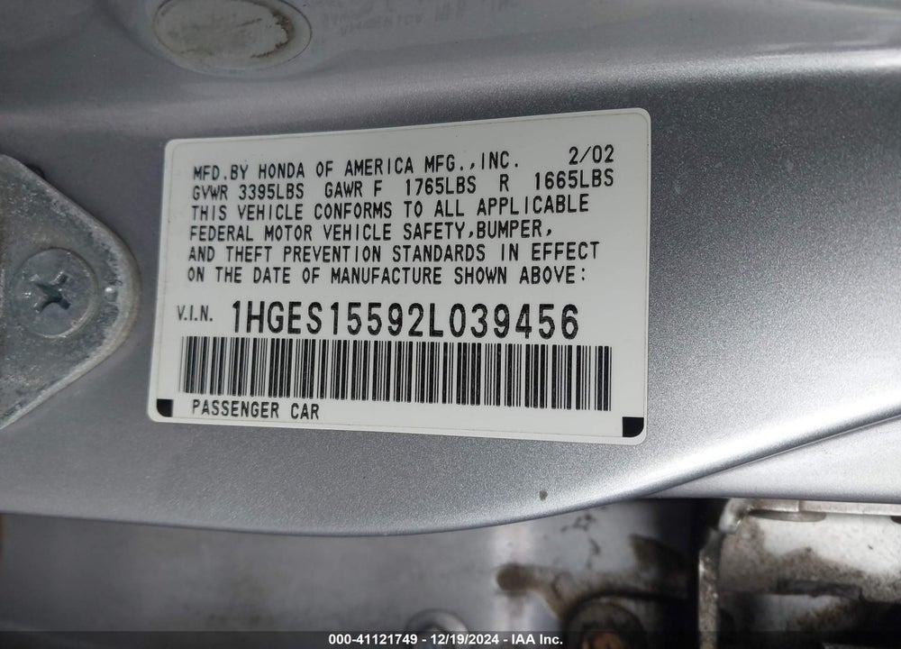 2002 HONDA CIVIC LX VIN: 1HGES15592L039456