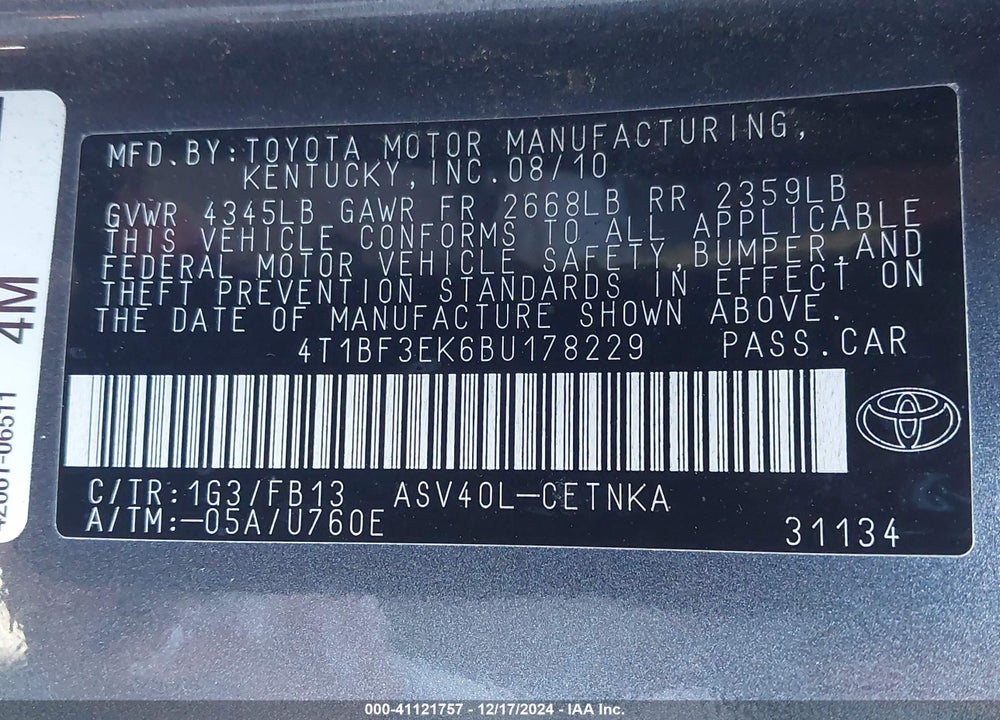 2011 TOYOTA CAMRY LE VIN: 4T1BF3EK6BU178229