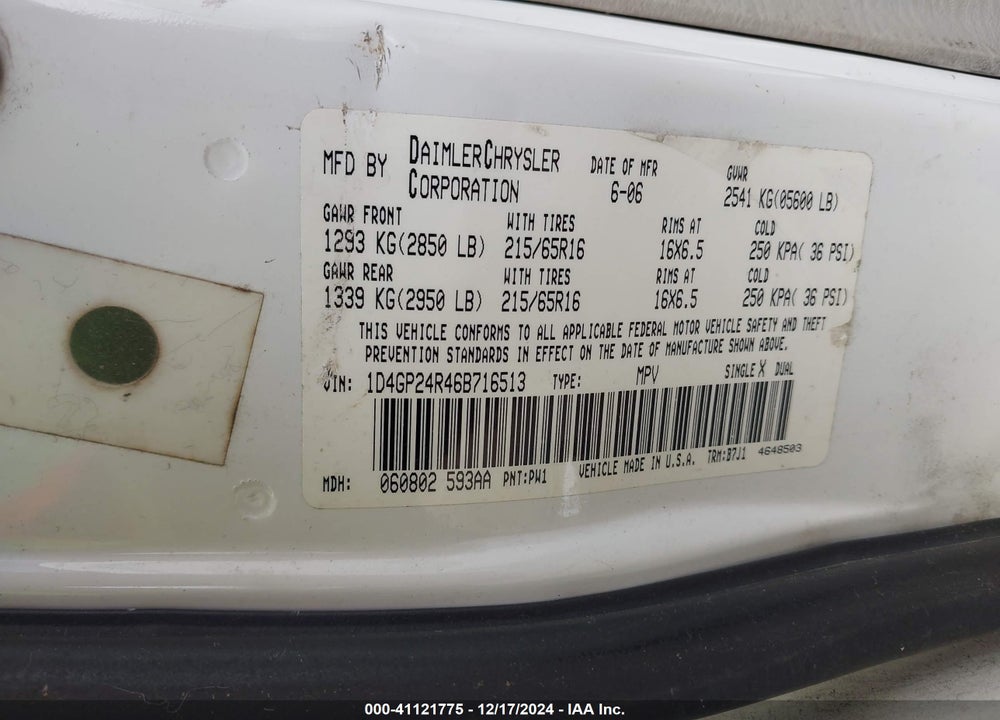 2006 DODGE GRAND CARAVAN SE VIN: 1D4GP24R46B716513