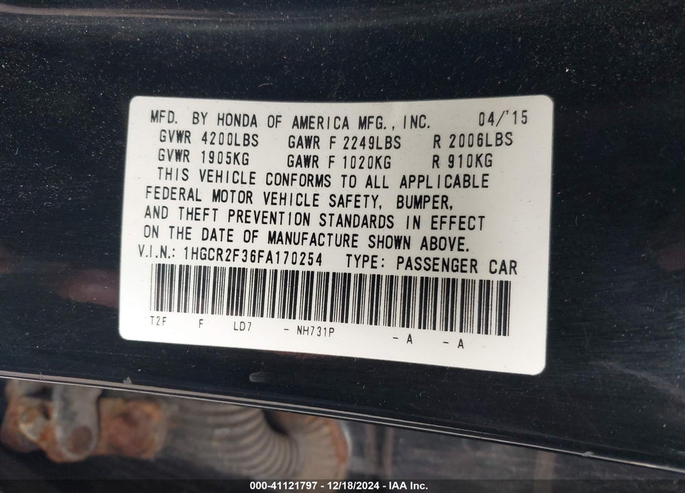 2015 HONDA ACCORD LX VIN: 1HGCR2F36FA170254
