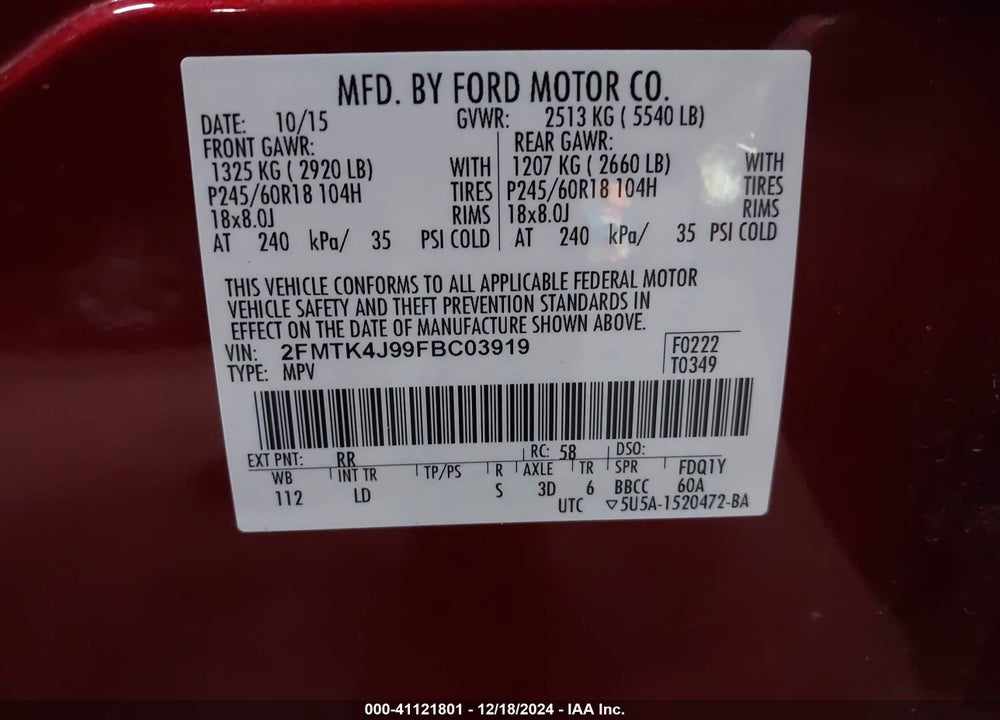 2015 FORD EDGE SEL VIN: 2FMTK4J99FBC03919