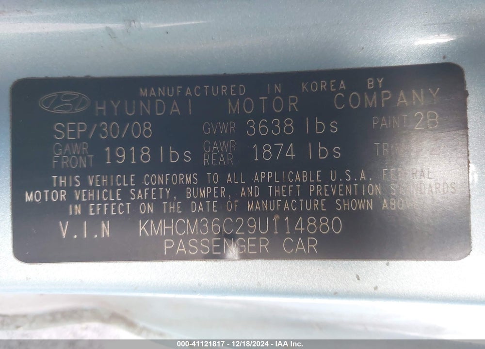 2009 HYUNDAI ACCENT GS VIN: KMHCM36C29U114880