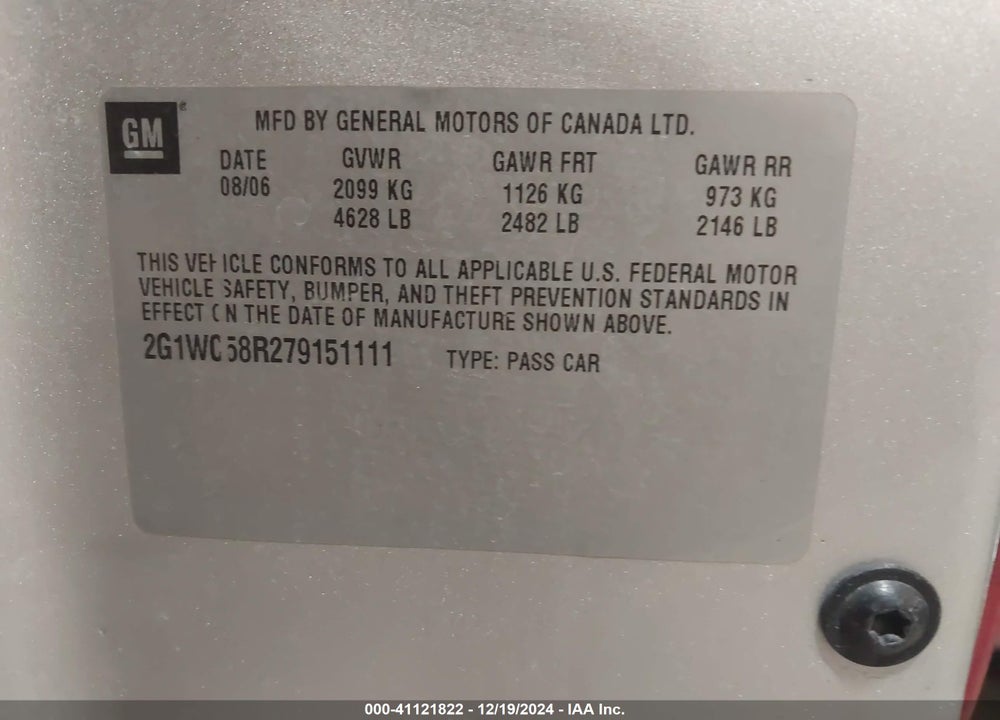 2007 CHEVROLET IMPALA LT VIN: 2G1WC58R279151111