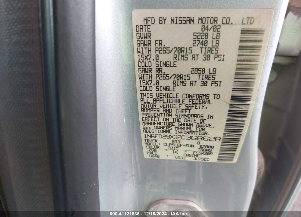 2002 NISSAN FRONTIER XE-V6 VIN: 1N6ED29X32C368628