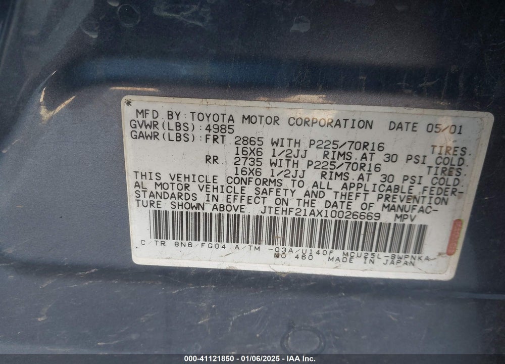 2001 TOYOTA HIGHLANDER V6 VIN: JTEHF21AX10026669