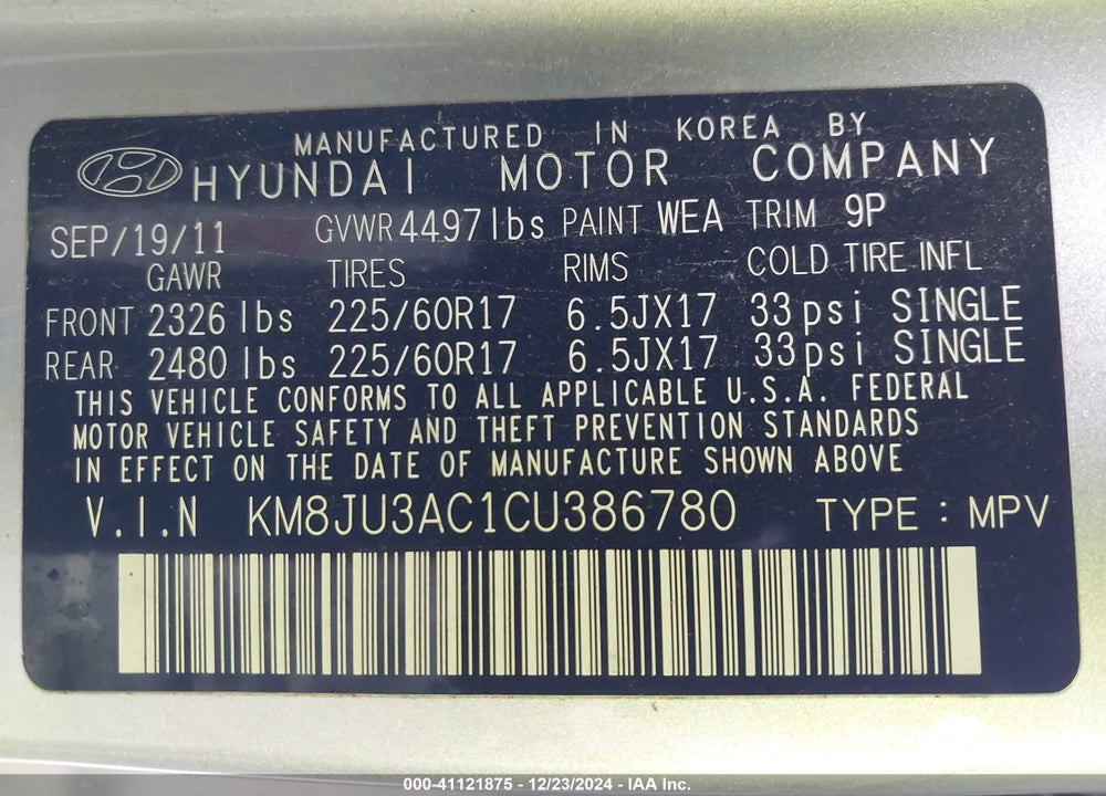 2012 HYUNDAI TUCSON GLS VIN: KM8JU3AC1CU386780