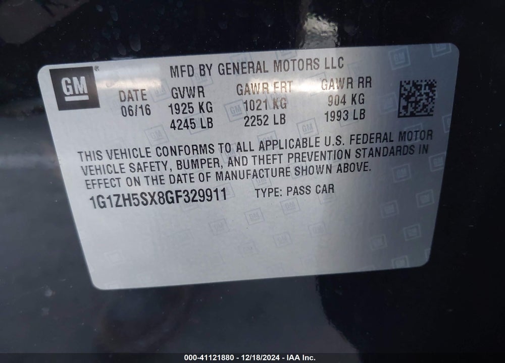2016 CHEVROLET MALIBU VIN: 1G1ZH5SX8GF329911
