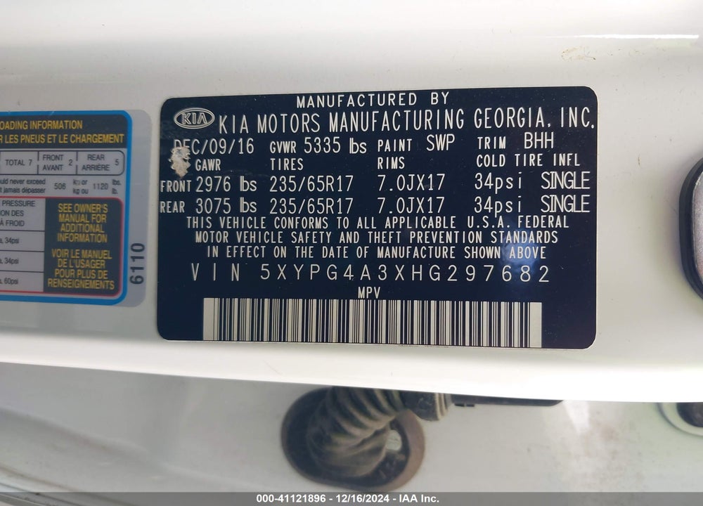 2017 KIA SORENTO 2.4L LX VIN: 5XYPG4A3XHG297682