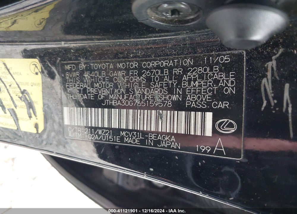 2006 LEXUS ES 330 VIN: JTHBA30G765159578
