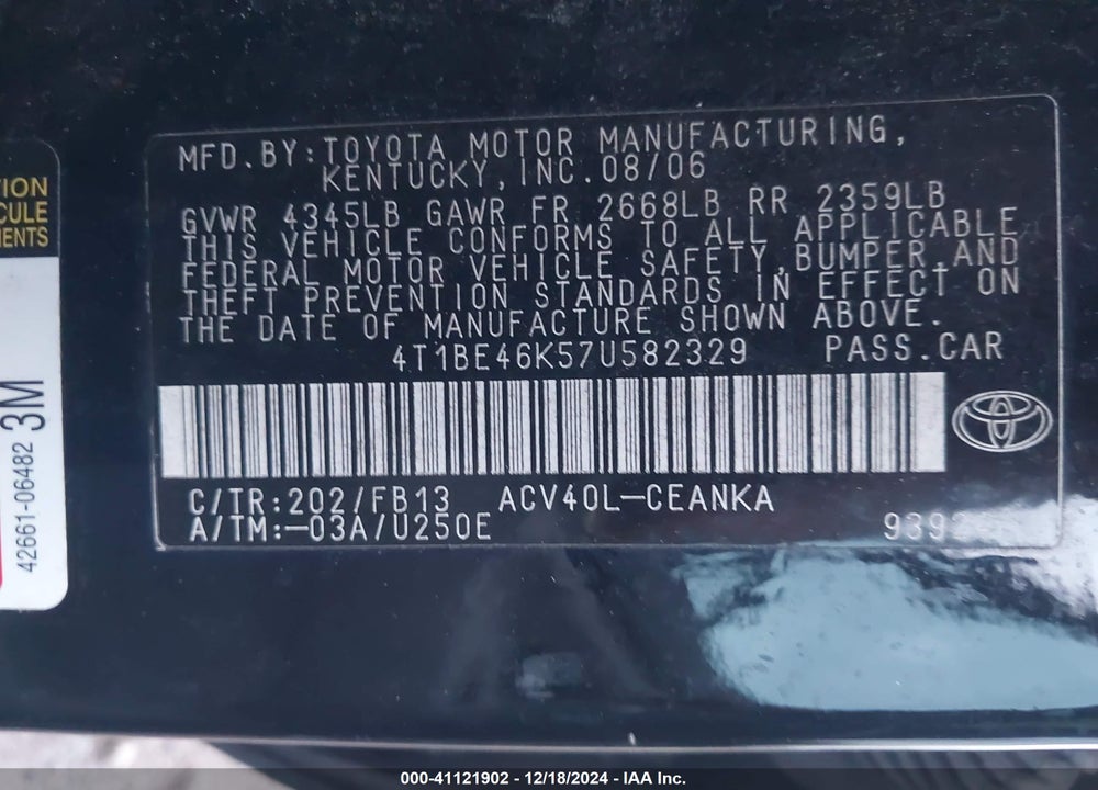 2007 TOYOTA CAMRY LE VIN: 4T1BE46K57U582329