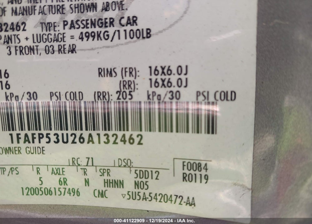 2006 FORD TAURUS SE VIN: 1FAFP53U26A132462