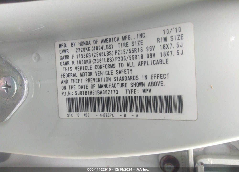 2011 ACURA RDX VIN: 5J8TB1H51BA002173