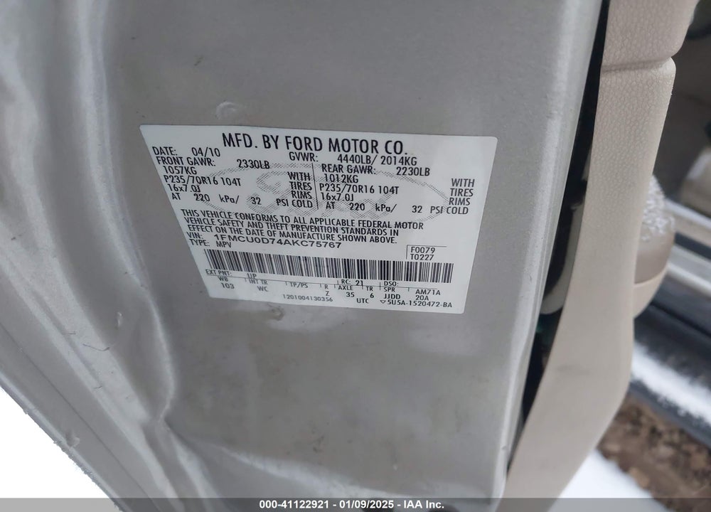 2010 FORD ESCAPE XLT VIN: 1FMCU0D74AKC75767