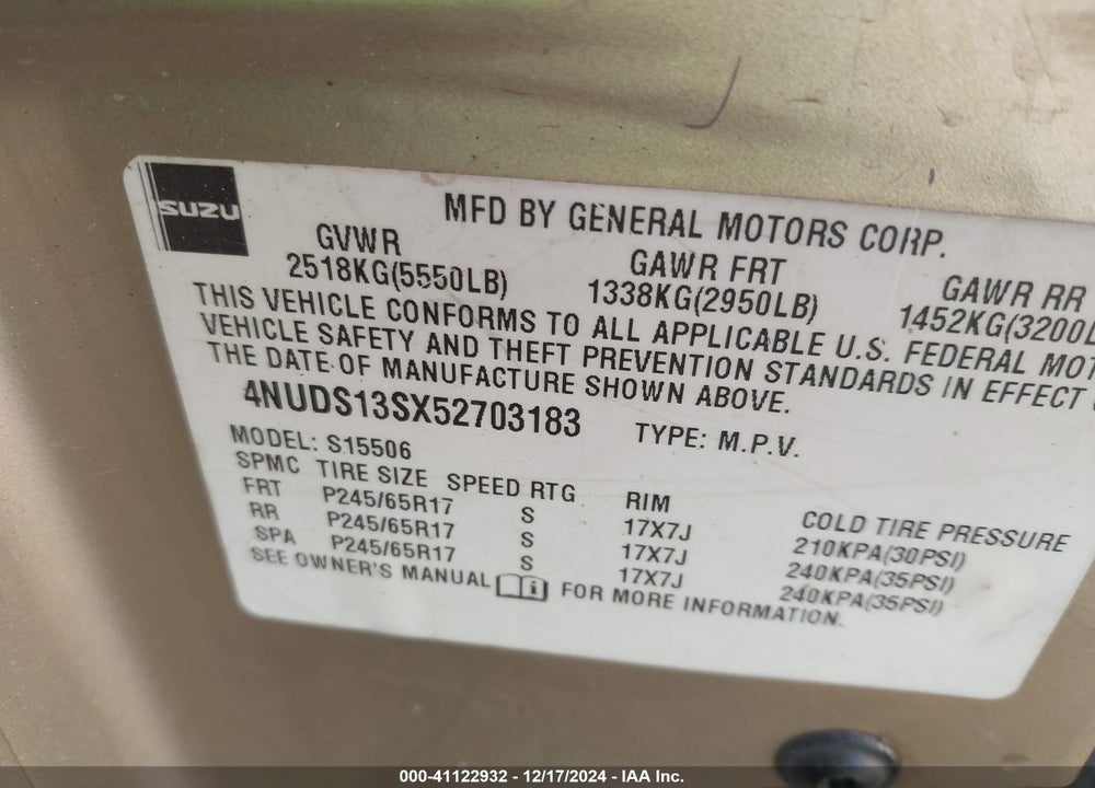 2005 ISUZU ASCENDER S VIN: 4NUDS13SX52703183