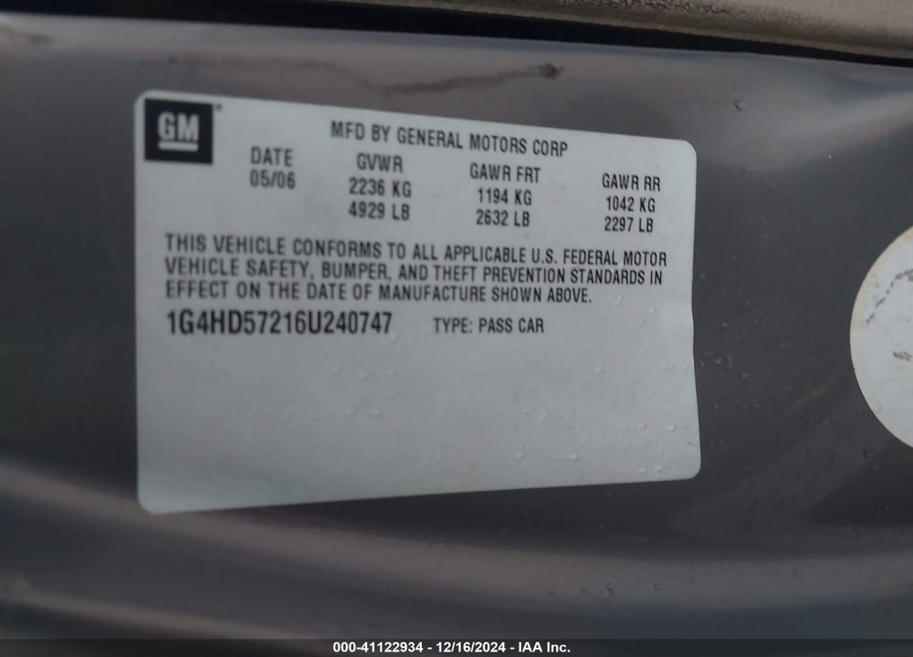 2006 BUICK LUCERNE CXL VIN: 1G4HD57216U240747