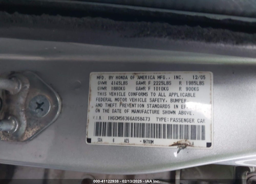2006 HONDA ACCORD 2.4 SE VIN: 1HGCM56366A058473