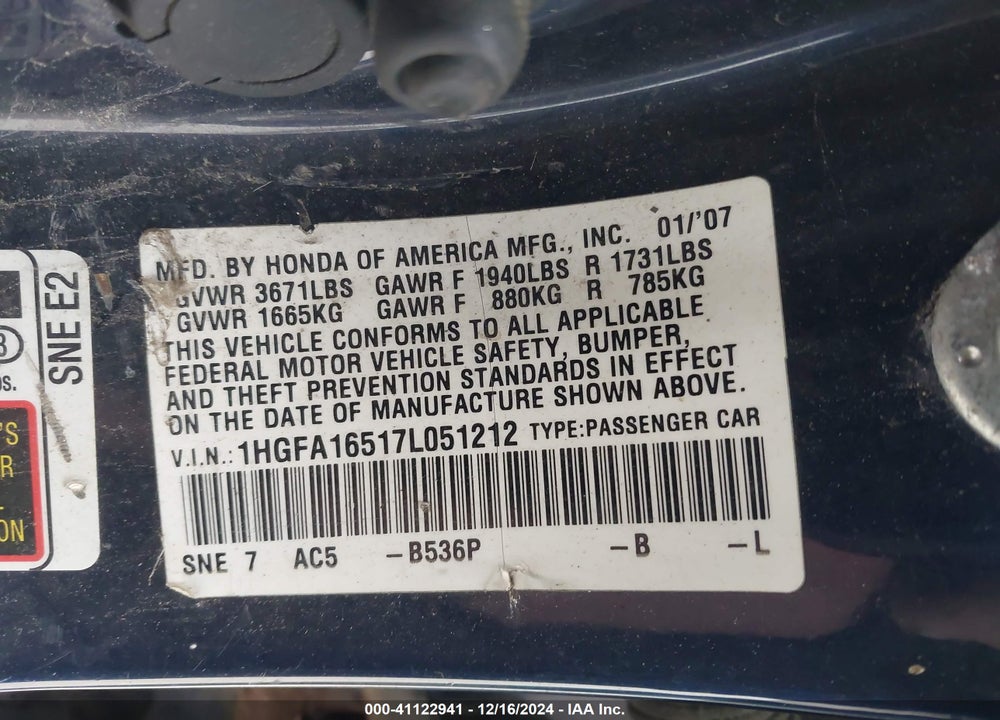 2007 HONDA CIVIC LX VIN: 1HGFA16517L051212