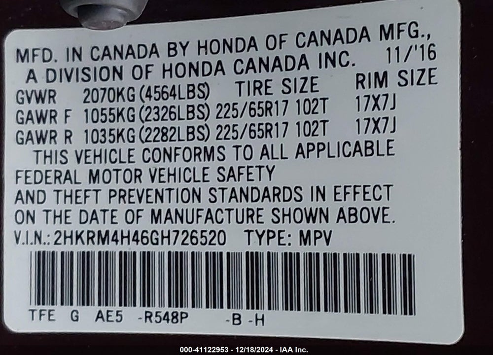 2016 HONDA CR-V SE VIN: 2HKRM4H46GH726520