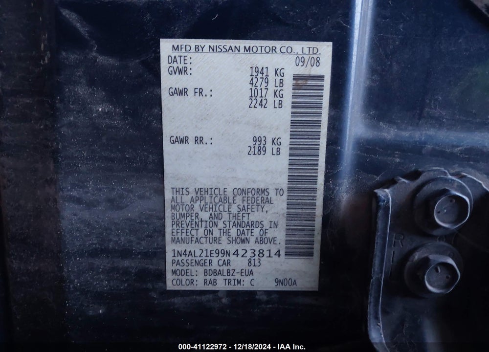 2009 NISSAN ALTIMA 2.5 S VIN: 1N4AL21E99N423814