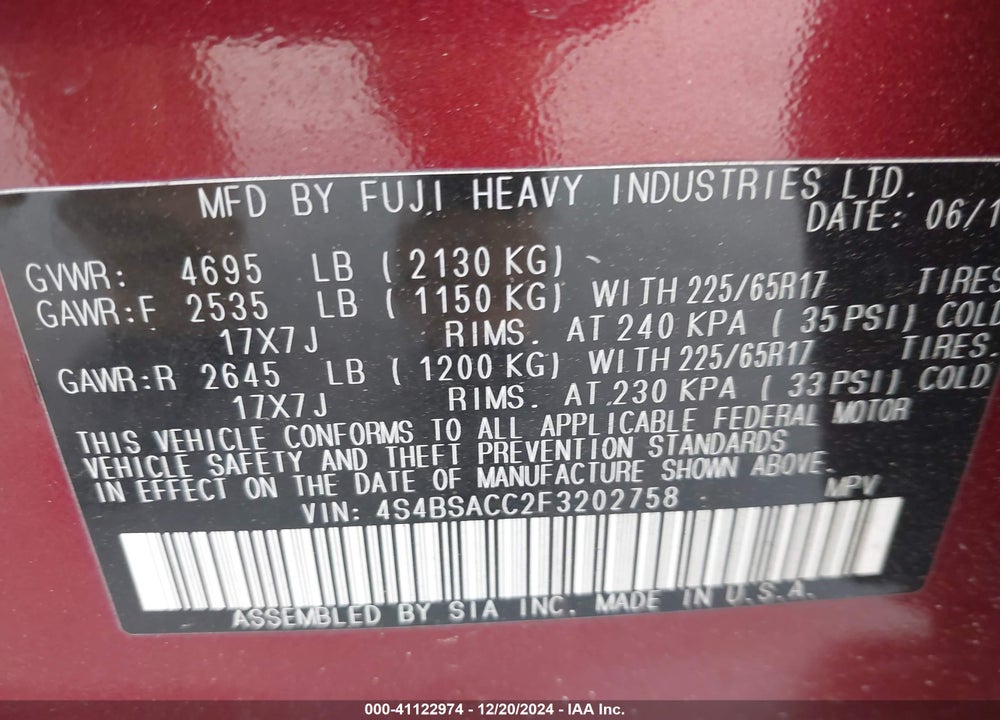 2015 SUBARU OUTBACK 2.5I PREMIUM VIN: 4S4BSACC2F3202758