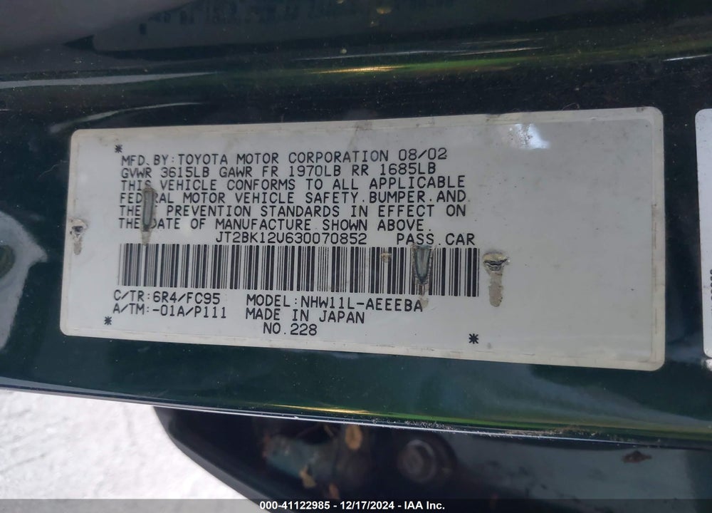 2003 TOYOTA PRIUS VIN: JT2BK12U630070852