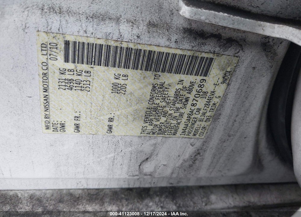 2010 NISSAN MAXIMA 3.5 SV VIN: 1N4AA5AP8AC870689