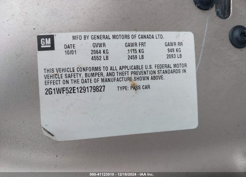 2002 CHEVROLET IMPALA VIN: 2G1WF52E129179827