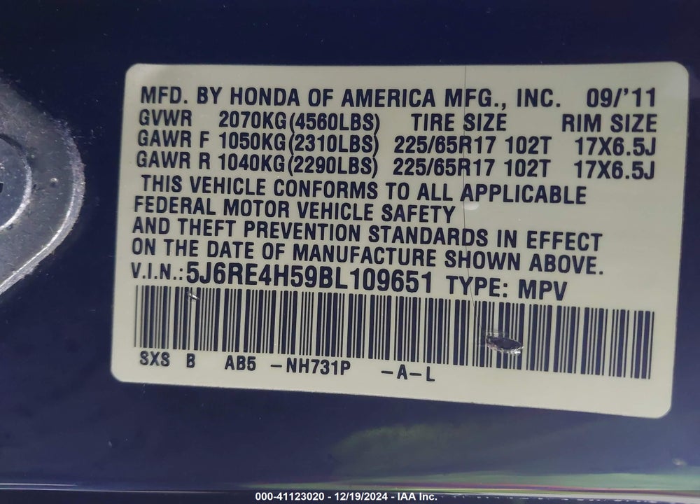 2011 HONDA CR-V EX VIN: 5J6RE4H59BL109651