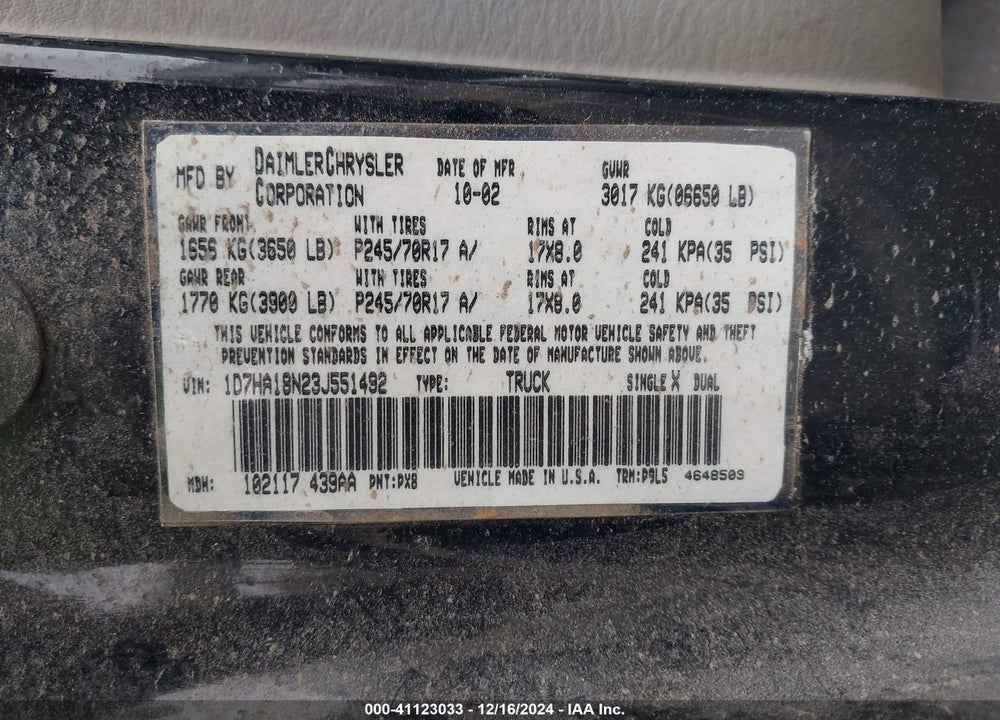 2003 DODGE RAM 1500 SLT/LARAMIE/ST VIN: 1D7HA18N23J551492