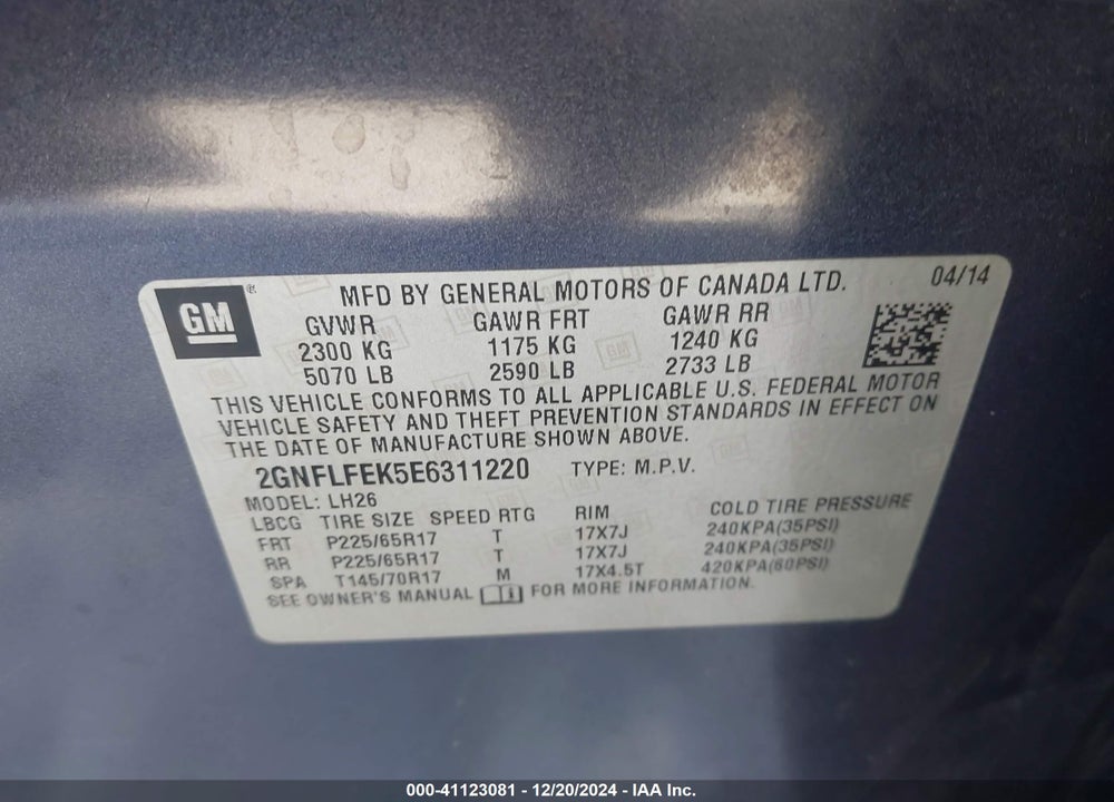 2014 CHEVROLET EQUINOX 1LT VIN: 2GNFLFEK5E6311220