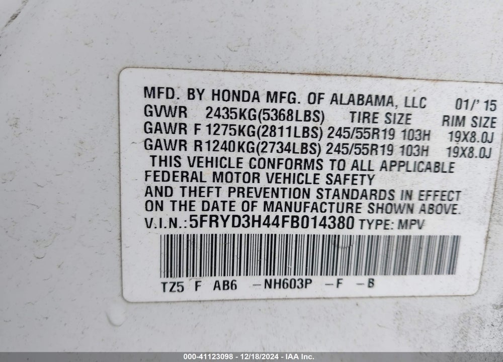 2015 ACURA MDX TECHNOLOGY PACKAGE VIN: 5FRYD3H44FB014380