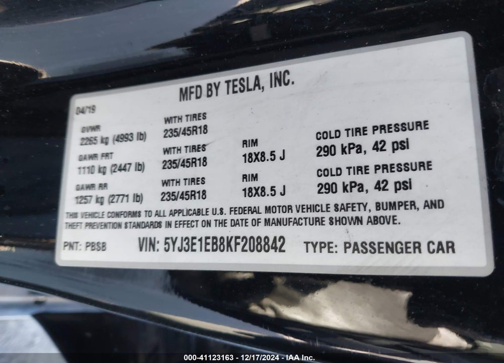 2019 TESLA MODEL 3 LONG RANGE/PERFORMANCE VIN: 5YJ3E1EB8KF208842