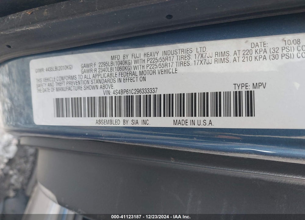 2009 SUBARU OUTBACK 2.5I VIN: 4S4BP61C296333337