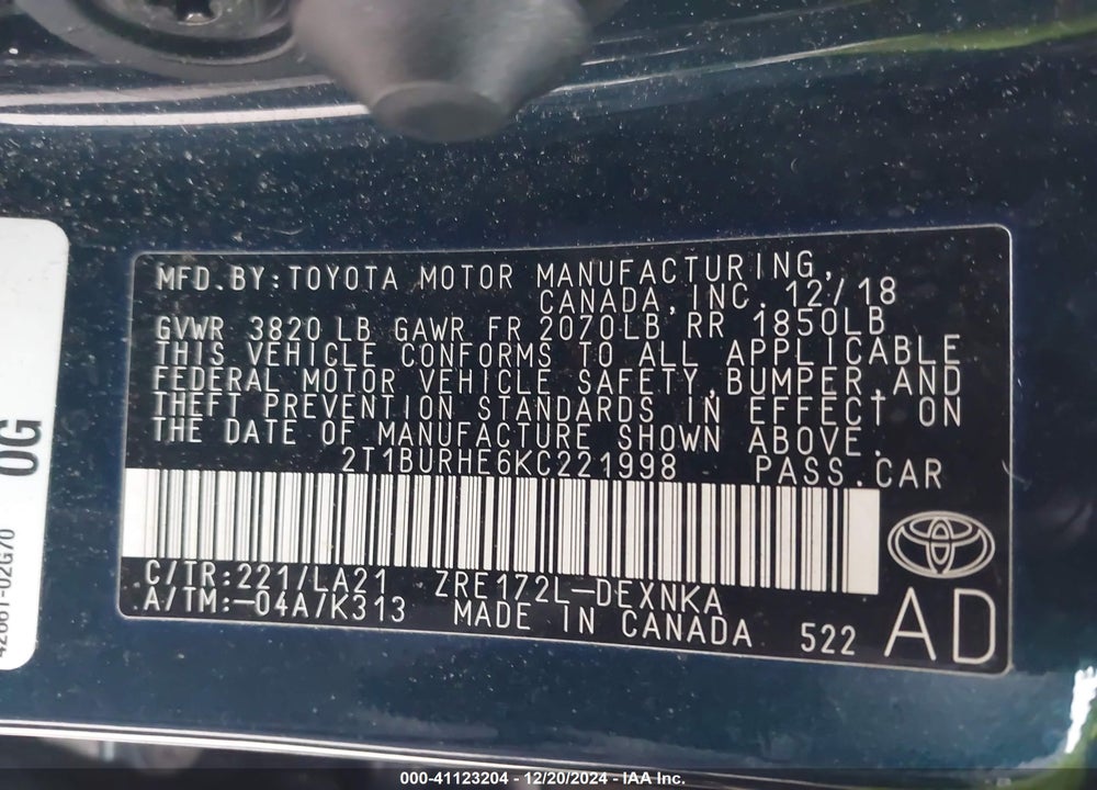 2019 TOYOTA COROLLA XLE VIN: 2T1BURHE6KC221998