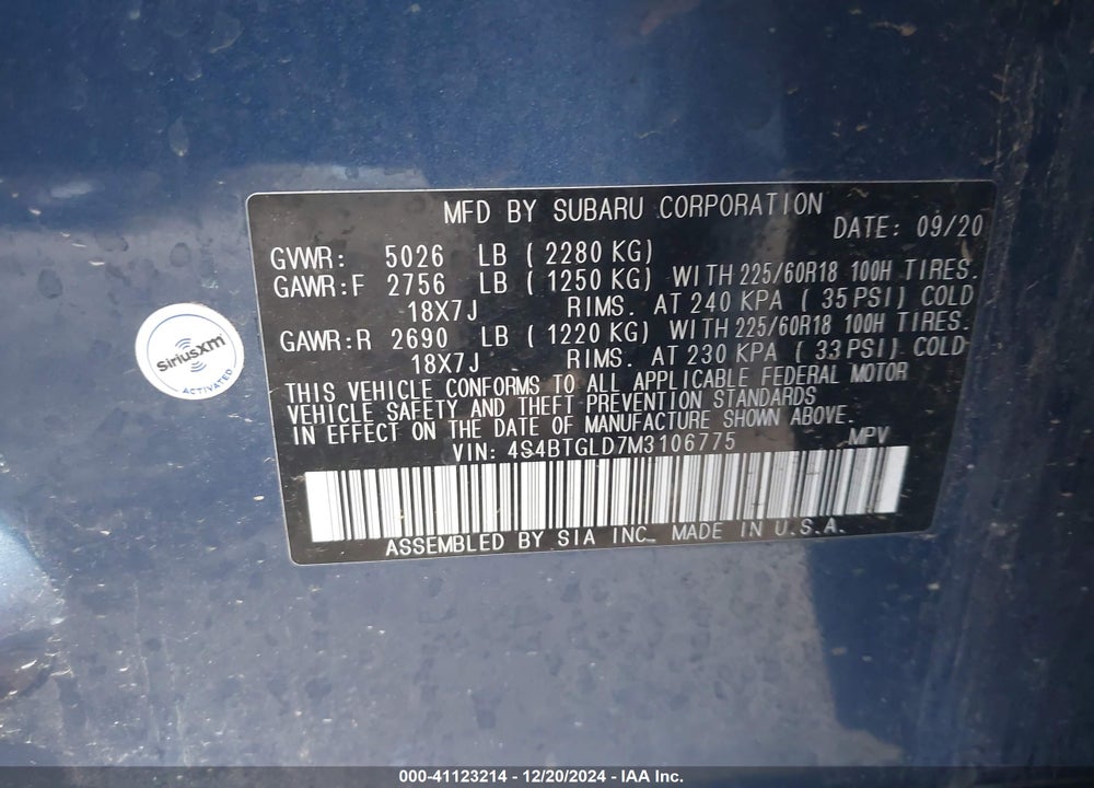 2021 SUBARU OUTBACK ONYX EDITION XT VIN: 4S4BTGLD7M3106775