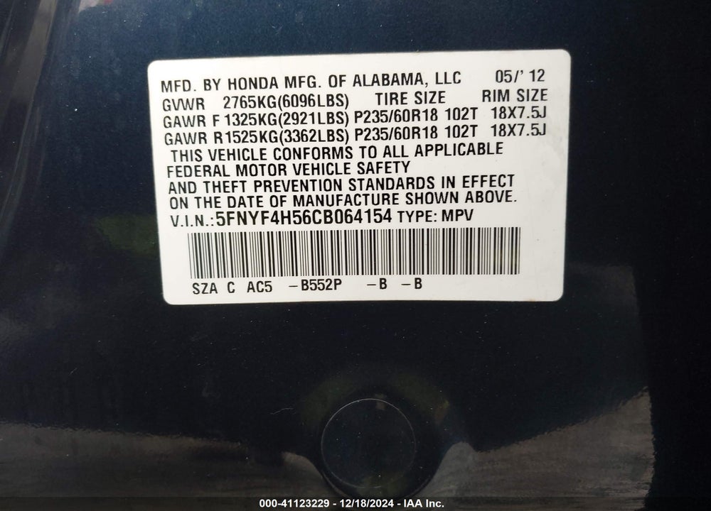 2012 HONDA PILOT EX-L VIN: 5FNYF4H56CB064154