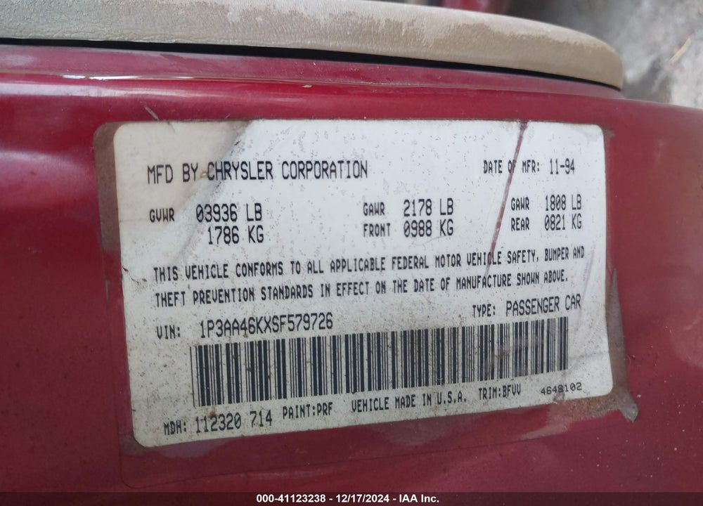 1995 PLYMOUTH ACCLAIM VIN: 1P3AA46KXSF579726