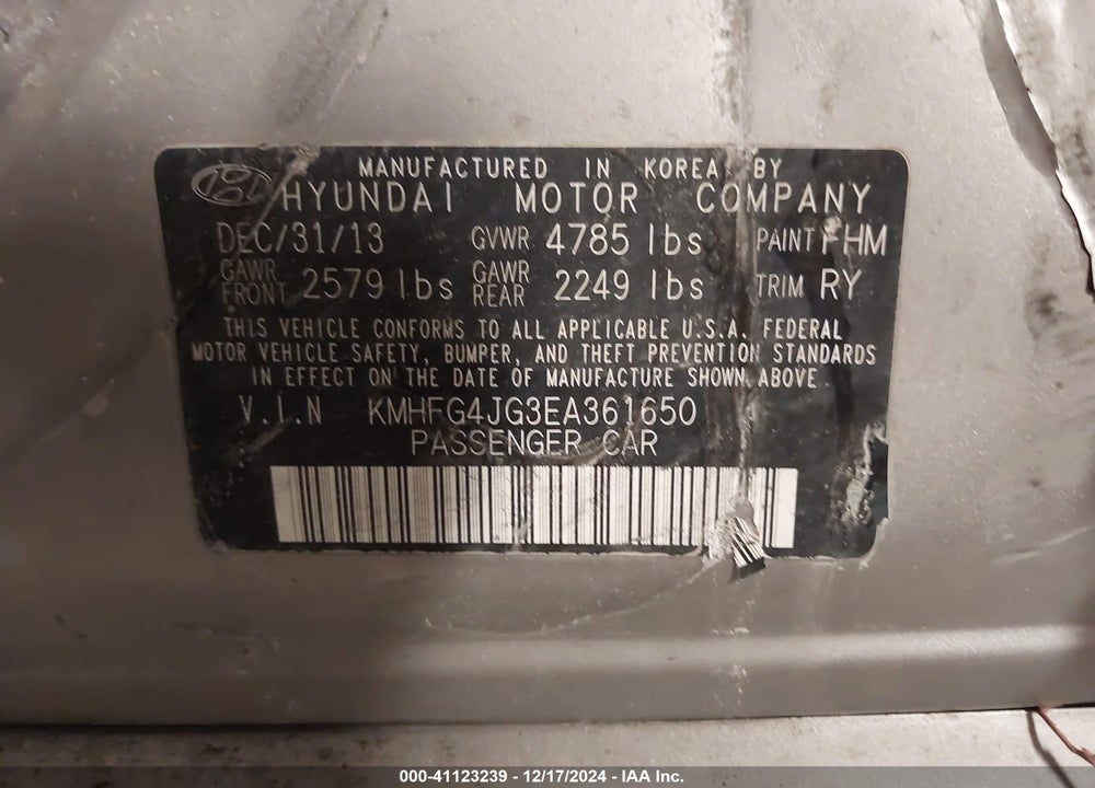 2014 HYUNDAI AZERA VIN: KMHFG4JG3EA361650