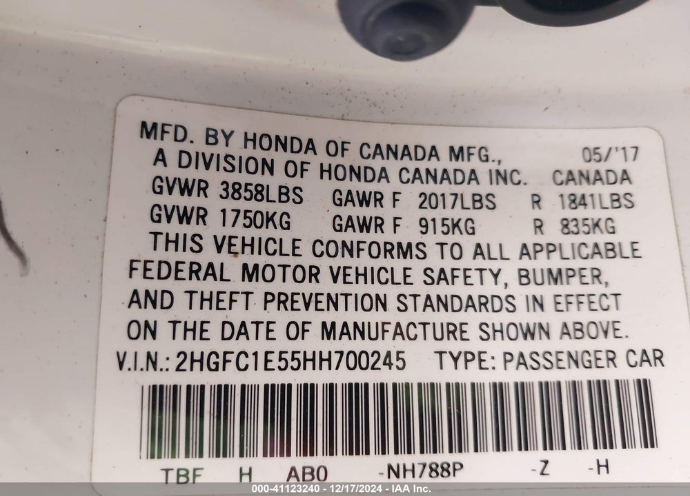 2017 HONDA CIVIC SI VIN: 2HGFC1E55HH700245