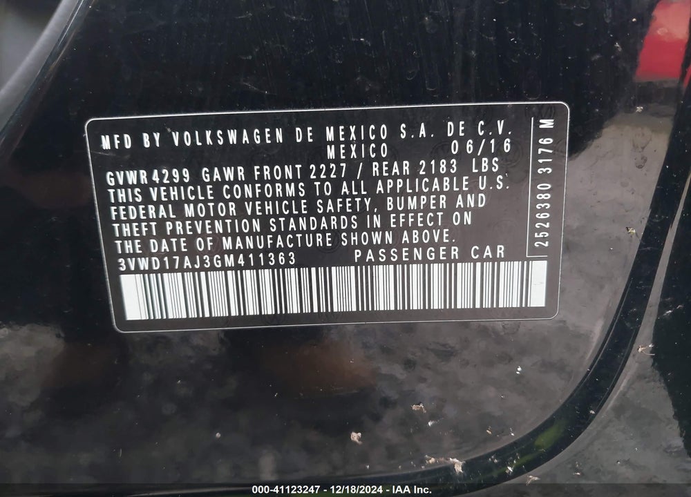 2016 VOLKSWAGEN JETTA VIN: 3VWD17AJ3GM411363