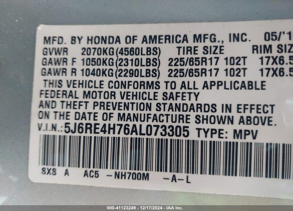 2010 HONDA CR-V EX-L VIN: 5J6RE4H76AL073305