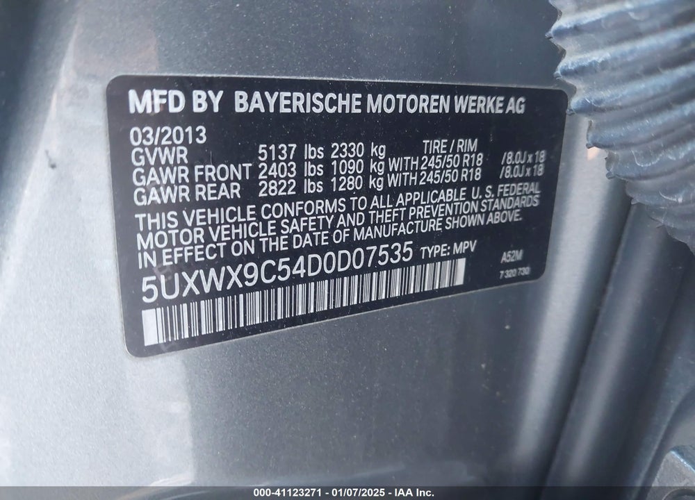 2013 BMW X3 XDRIVE28I VIN: 5UXWX9C54D0D07535