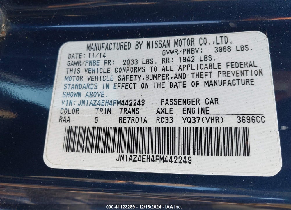 2015 NISSAN 370Z SPORT TECH VIN: JN1AZ4EH4FM442249