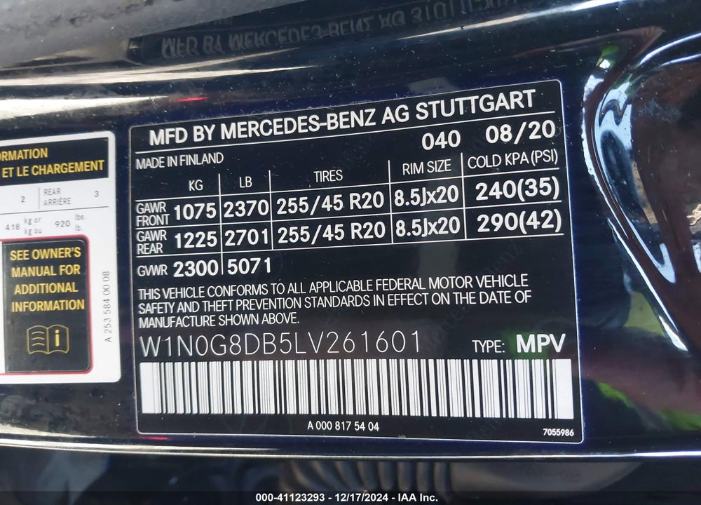 2020 MERCEDES-BENZ GLC 300 VIN: W1N0G8DB5LV261601