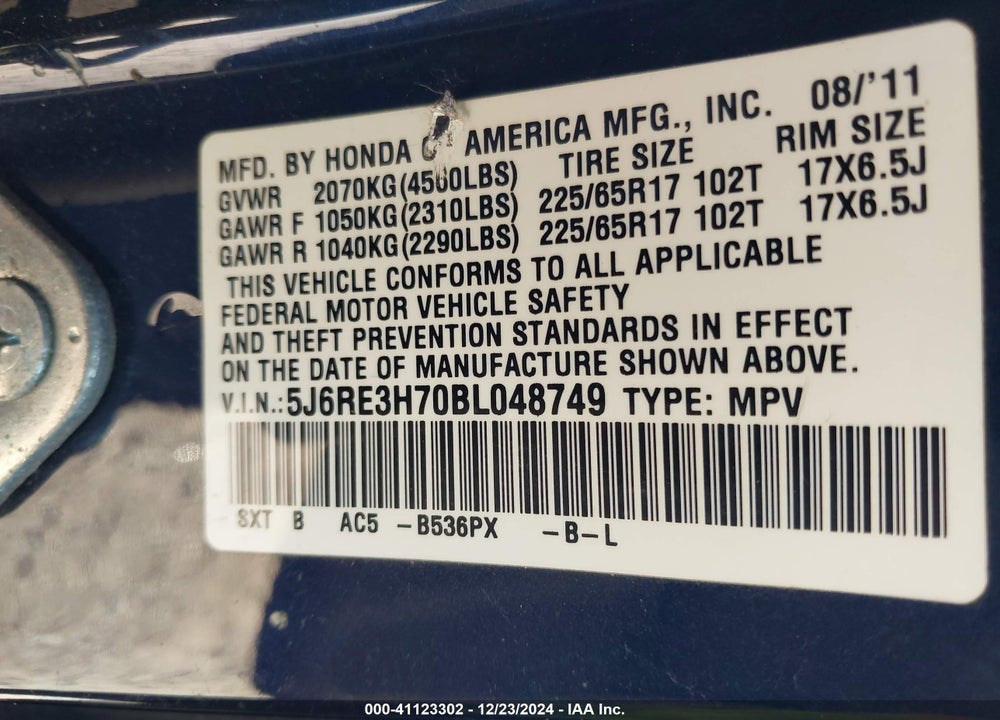 2011 HONDA CR-V VIN: 5J6RE3H70BL048749
