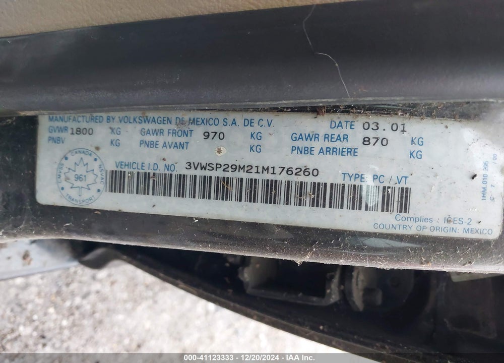 2001 VOLKSWAGEN JETTA GLS TDI VIN: 3VWSP29M21M176260