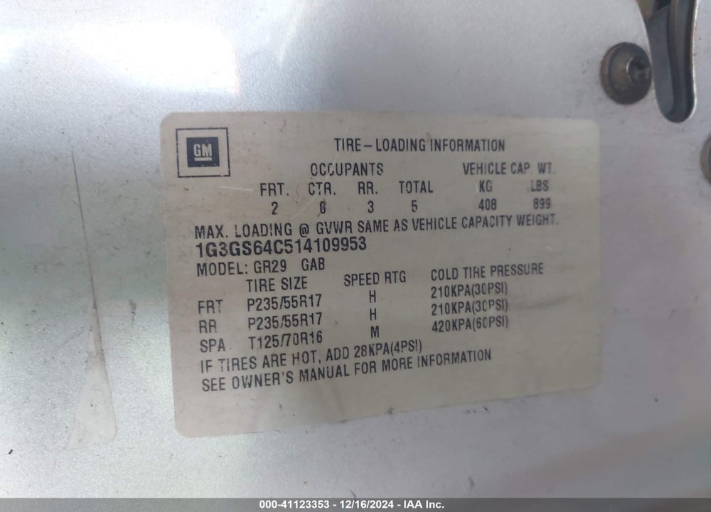2001 OLDSMOBILE AURORA 4.0 VIN: 1G3GS64C514109953